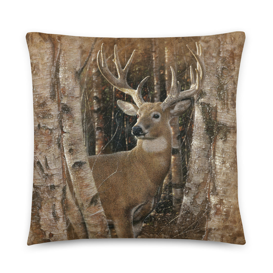 "Birchwood Buck" - Whitetail Deer Painting Throw Pillow by Collin Bogle, Deer Buck Decorative Cushion, Deer Home Decor, Deer Painting Gift, Wildlife Decor, Animal, Lodge, Cabin, Autumn