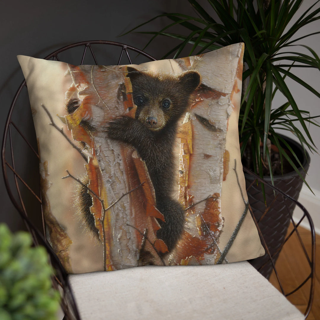 "Curious Cub" - Black Bear Cub Throw Pillow by Collin Bogle / Animal Decorative Cushion, Autumn Home Decor, Wildlife Art, Fall Decoration, Cute Animal Gift, Lodge, Cabin
