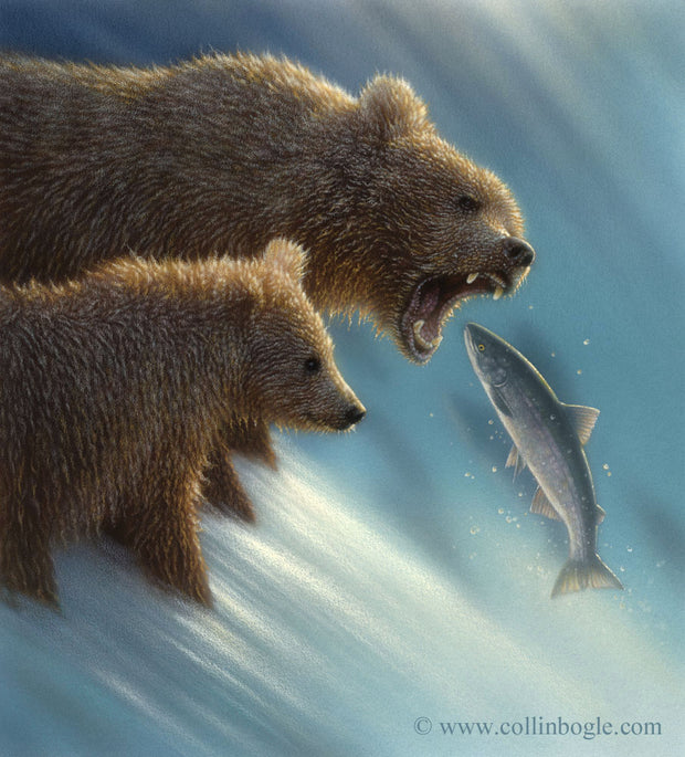 Brown bears fishing painting art print by Collin Bogle.