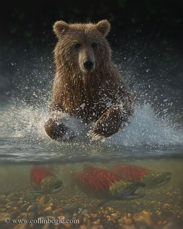 Brown bears fishing painting art print by Collin Bogle.