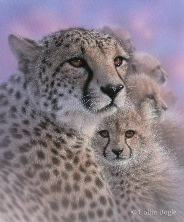 Cheetah mother and cubs painting art print.