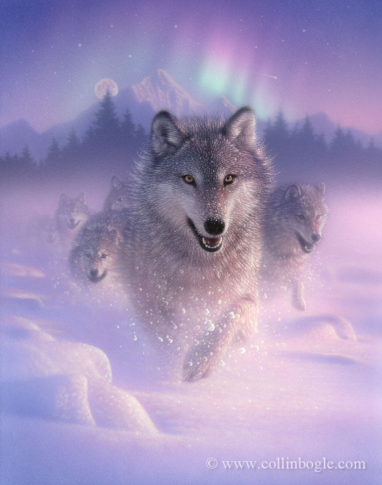Running wolves with northern lights painting art print by Collin Bogle.