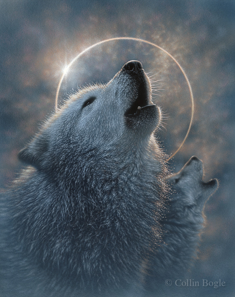 Howling wolves with a full moon eclipse painting art print.