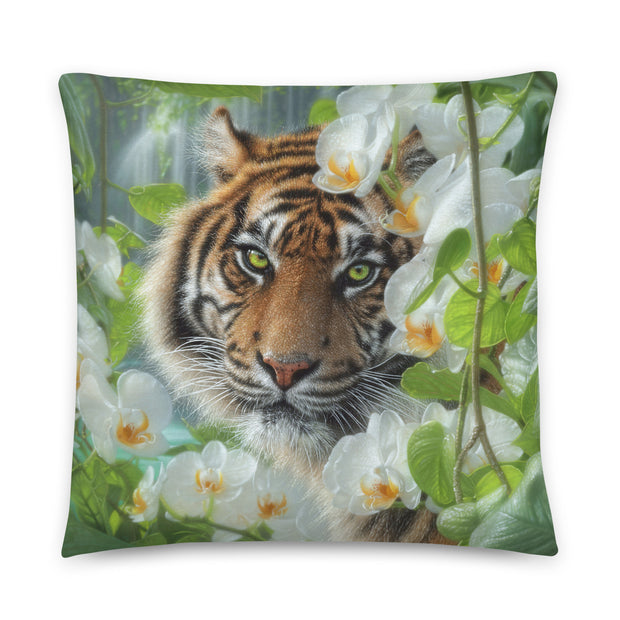 Orchid Haven - Tiger Throw Pillow by Collin Bogle, Tiger Decorative Cushion, Tiger Artwork, Tropical Home Decor, Tiger Lover Gift, Wildlife, Animal, Orchid, Pillow Cover