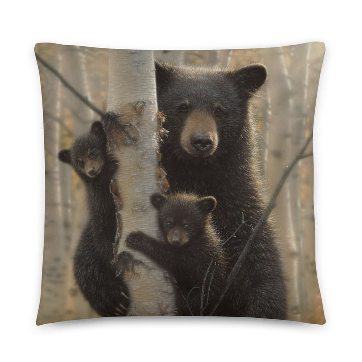 "Mama Bear" - Black Bear Throw Pillow, Bear Decorative Cushion, Mother & Cubs Painting, Autumn Home Decor, Wildlife Gift, Lodge, Cabin, Animal, Nature