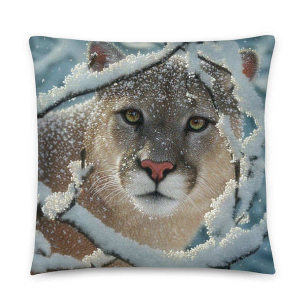 "Silent Encounter" - Cougar Painting Throw Pillow by Collin Bogle / Mountain Lion Cushion, Wildlife Art Decor, Winter Home Decor, Animal Pillow Case, Cougar Painting, Lodge, Cabin, Snow