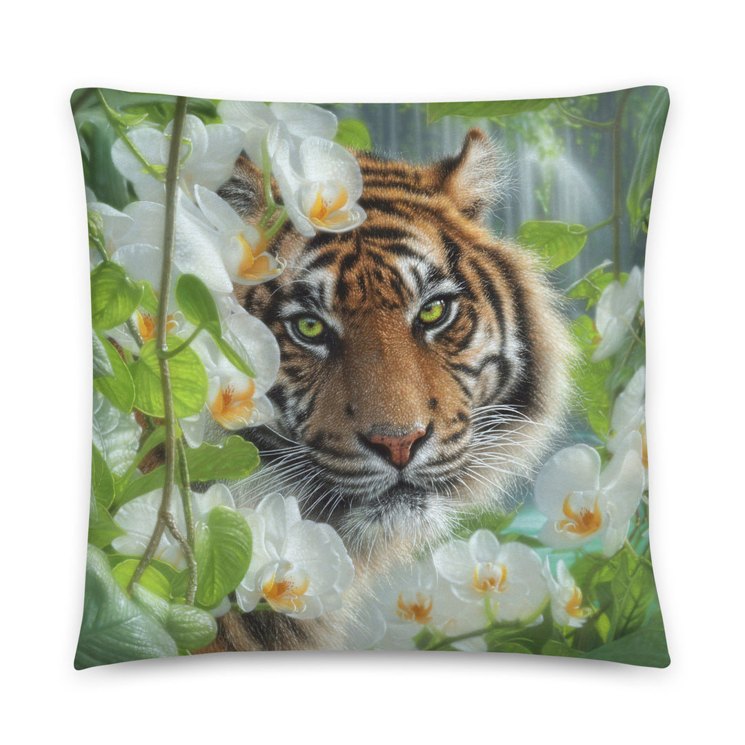 Orchid Haven - Tiger Throw Pillow by Collin Bogle, Tiger Decorative Cushion, Tiger Artwork, Tropical Home Decor, Tiger Lover Gift, Wildlife, Animal, Orchid, Pillow Cover