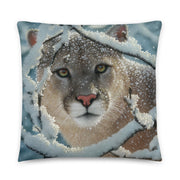 "Silent Encounter" - Cougar Painting Throw Pillow by Collin Bogle / Mountain Lion Cushion, Wildlife Art Decor, Winter Home Decor, Animal Pillow Case, Cougar Painting, Lodge, Cabin, Snow