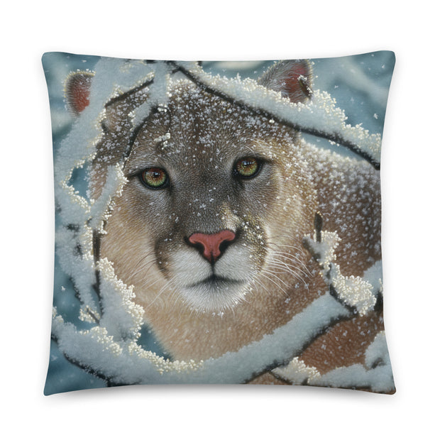 "Silent Encounter" - Cougar Painting Throw Pillow by Collin Bogle / Mountain Lion Cushion, Wildlife Art Decor, Winter Home Decor, Animal Pillow Case, Cougar Painting, Lodge, Cabin, Snow