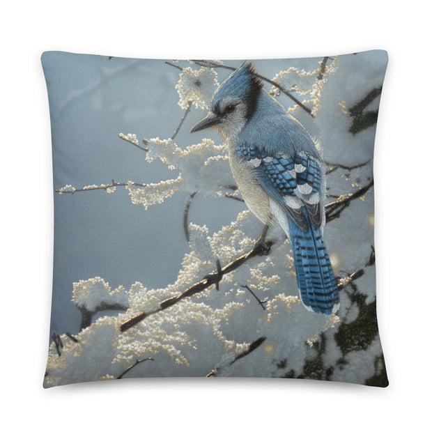 On the Fence - Blue Jay Painting Throw Pillow by Collin Bogle, Blue Jay Decorative Cushion, Bird Pillow, Bird Art Decor, Wildlife Painting, Bird Lover Gift, Winter Decor, Snow, Cabin, Lodge