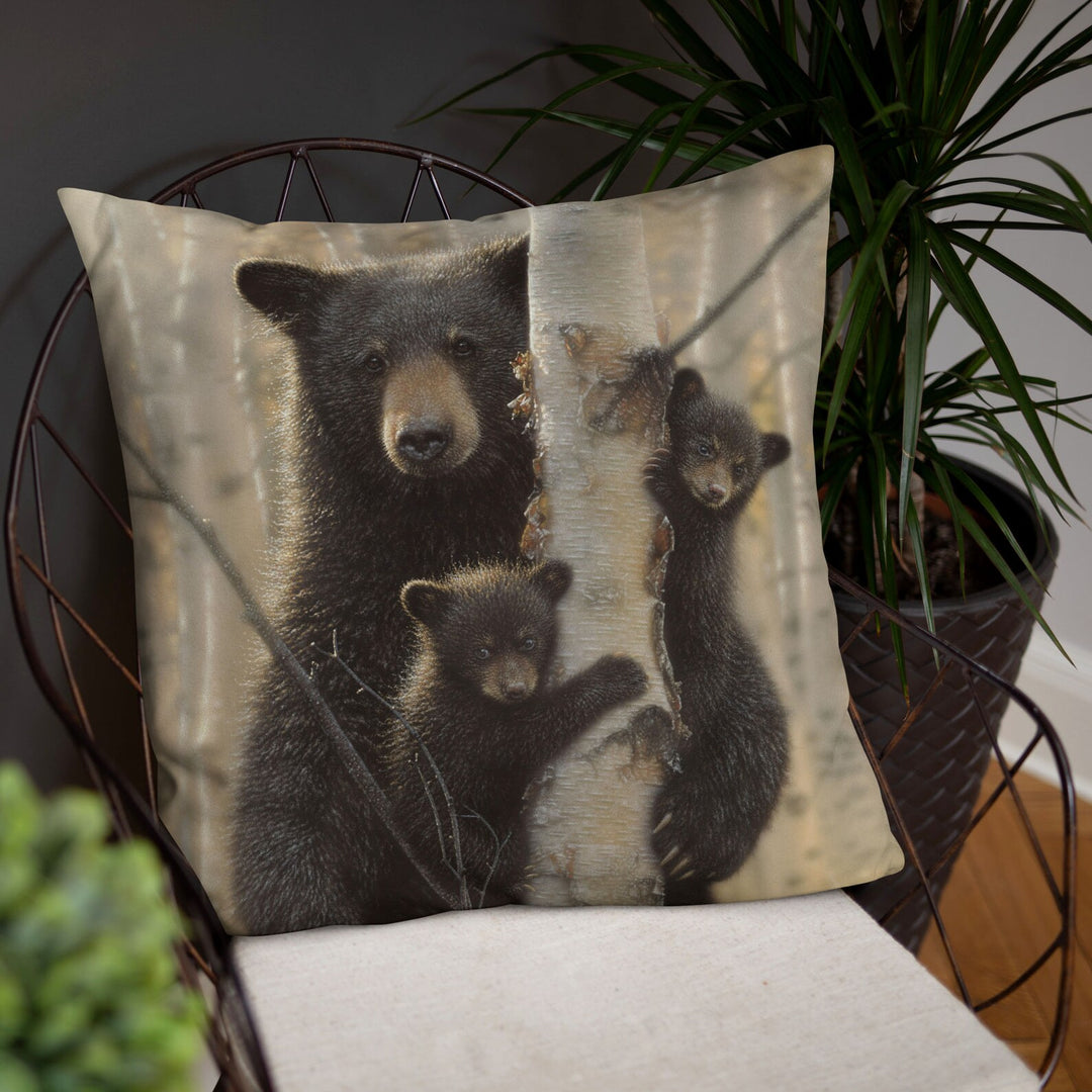 "Mama Bear" - Black Bear Throw Pillow, Bear Decorative Cushion, Mother & Cubs Painting, Autumn Home Decor, Wildlife Gift, Lodge, Cabin, Animal, Nature