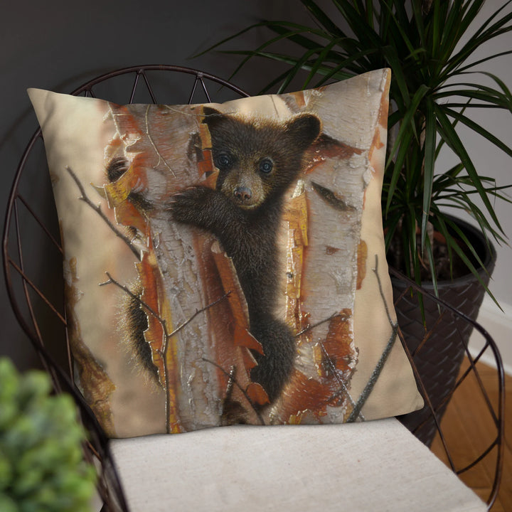 "Curious Cub" - Black Bear Cub Throw Pillow by Collin Bogle / Animal Decorative Cushion, Autumn Home Decor, Wildlife Art, Fall Decoration, Cute Animal Gift, Lodge, Cabin