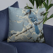 On the Fence - Blue Jay Painting Throw Pillow by Collin Bogle, Blue Jay Decorative Cushion, Bird Pillow, Bird Art Decor, Wildlife Painting, Bird Lover Gift, Winter Decor, Snow, Cabin, Lodge