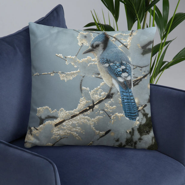 On the Fence - Blue Jay Painting Throw Pillow by Collin Bogle, Blue Jay Decorative Cushion, Bird Pillow, Bird Art Decor, Wildlife Painting, Bird Lover Gift, Winter Decor, Snow, Cabin, Lodge