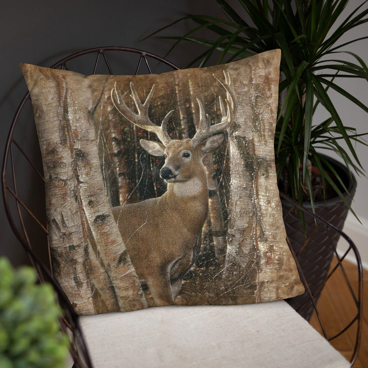 "Birchwood Buck" - Whitetail Deer Painting Throw Pillow by Collin Bogle, Deer Buck Decorative Cushion, Deer Home Decor, Deer Painting Gift, Wildlife Decor, Animal, Lodge, Cabin, Autumn